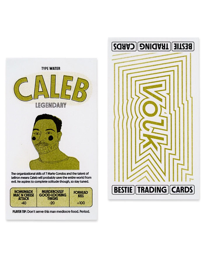 Front and Back of Riso custom trading cards. The front has a name, illustration, a bio, and attacks. The back says "Bestie Trading Cards" and "Volk" in big letters